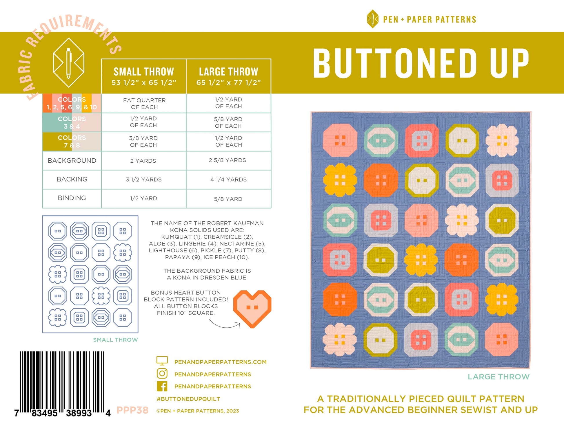 Other Buttoned Up Quilt Pattern by Pen + Paper Patterns - Printed Booklet