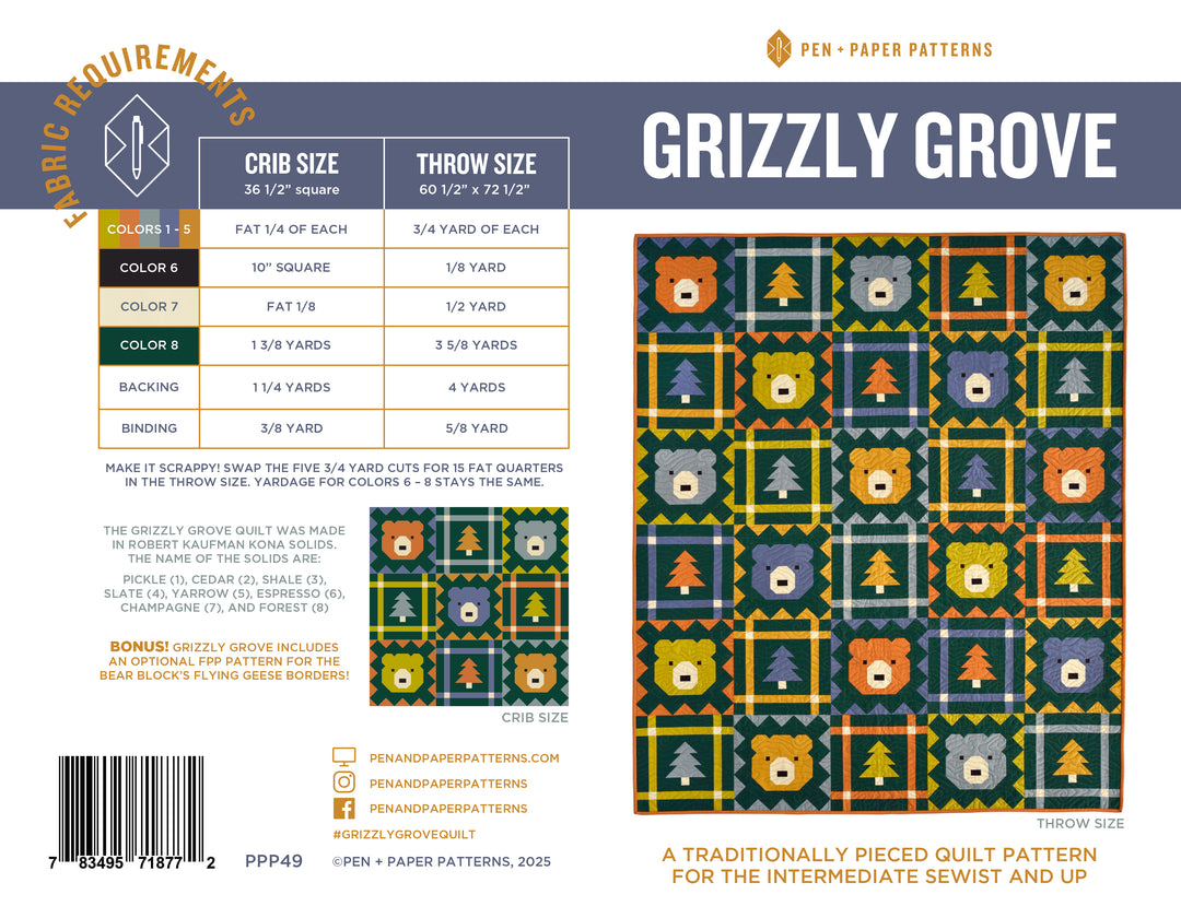 Grizzly Grove Quilt Pattern By Pen + Paper Patterns - Printed Booklet