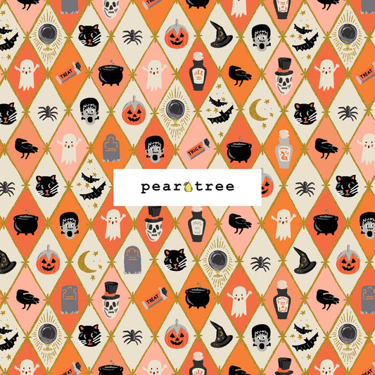 Rifle Paper Co Halloween Argyle - Orange and Metallic Gold Metallic Fabric
